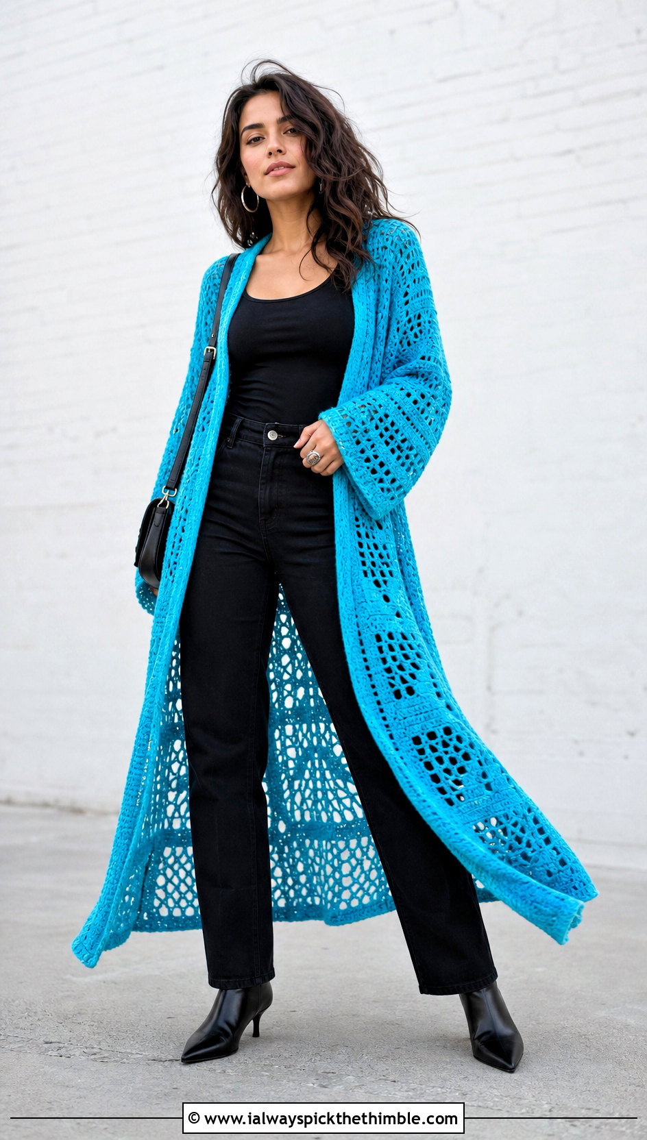 Long Crochet Duster Cardigan With Black Basics - 25 Crochet Grunge Clothes and outfit ideas