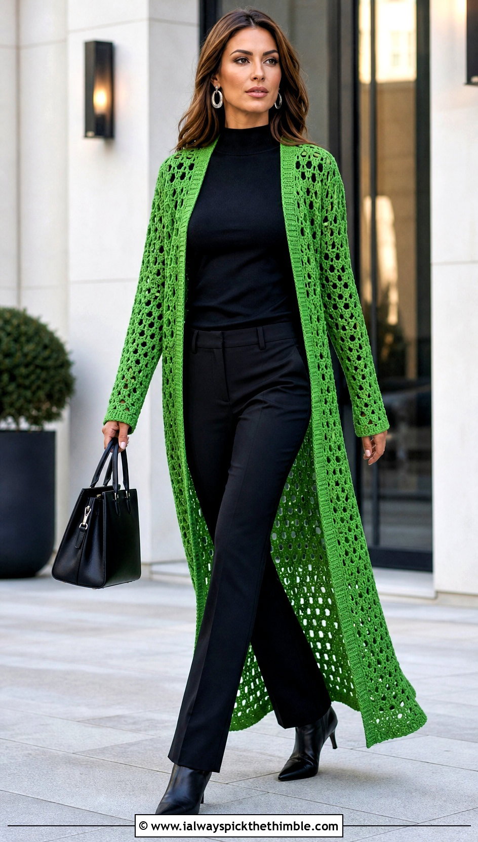 Long Crochet Duster Cardigan With Monochrome Separates - 25 fall crochet clothes and outfit ideas