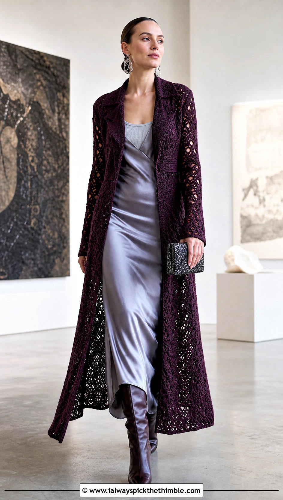 Long Crochet Duster Jacket With Satin Slip Dress - 20 crochet winter jacket outfit ideas