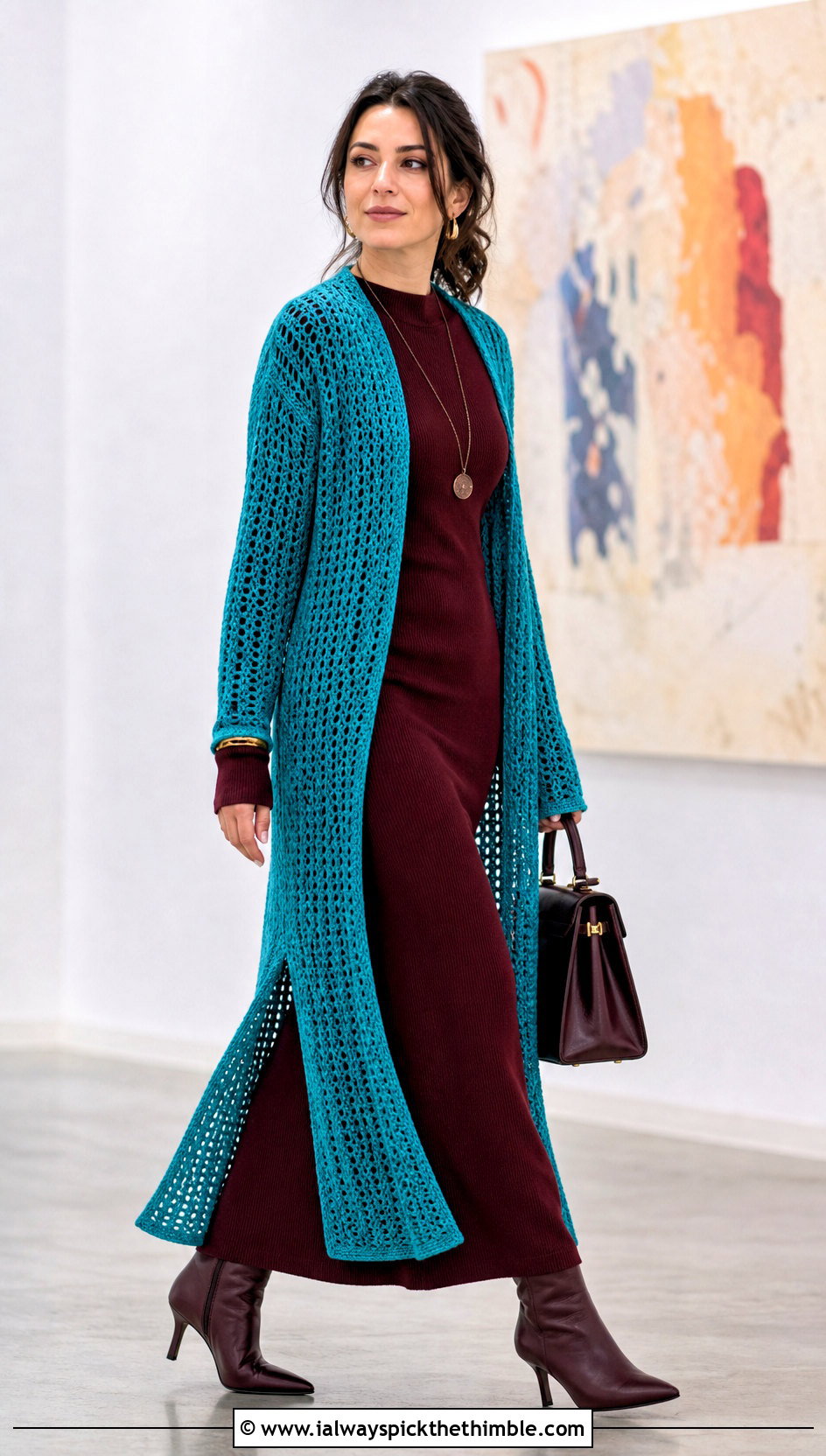 Long Crochet Duster Sweater With Column Dress - 25 fall crochet sweater outfit ideas