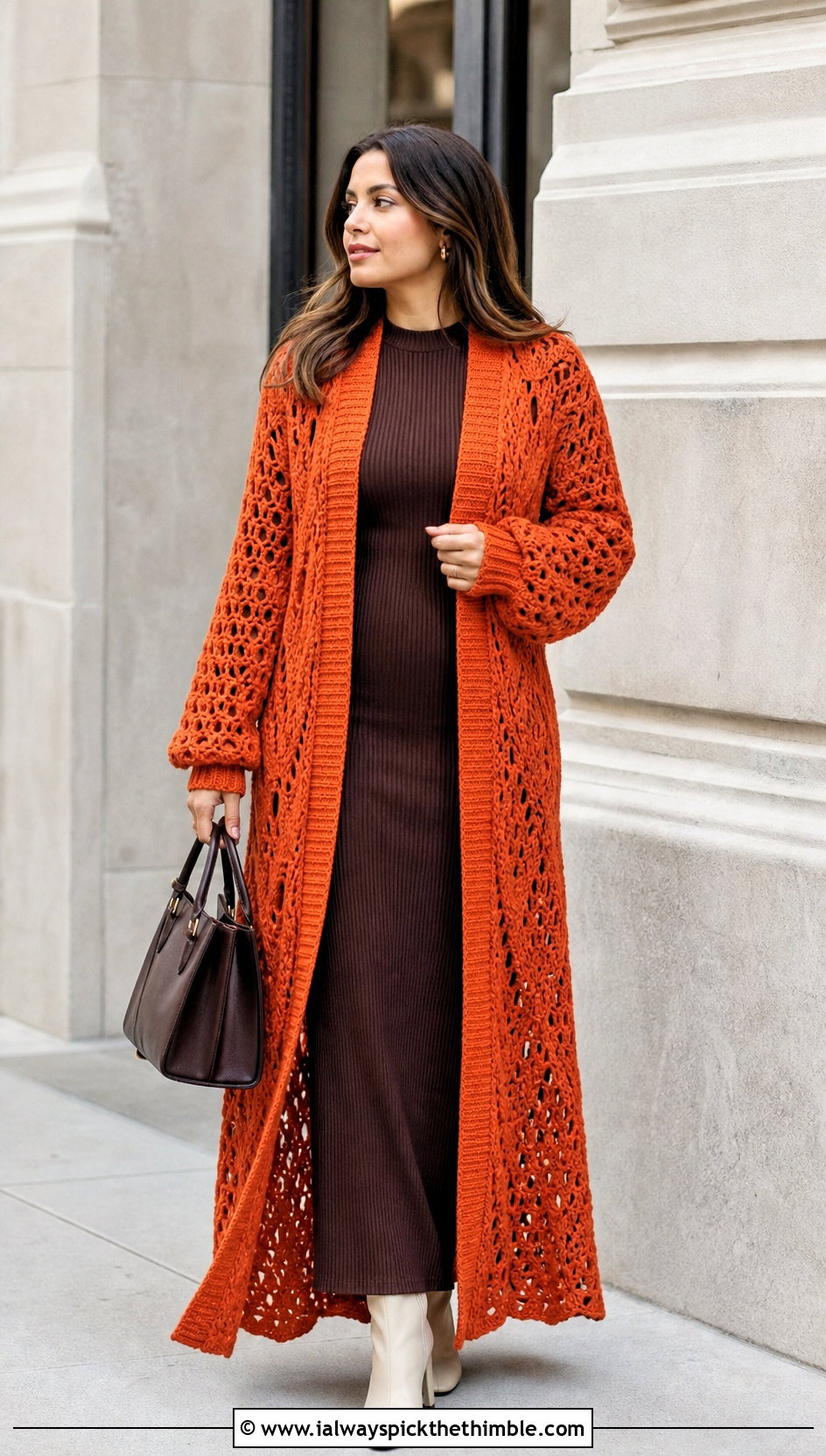 Long Crochet Duster With Knit Column Dress - 25 autumn crochet clothes and outfit ideas
