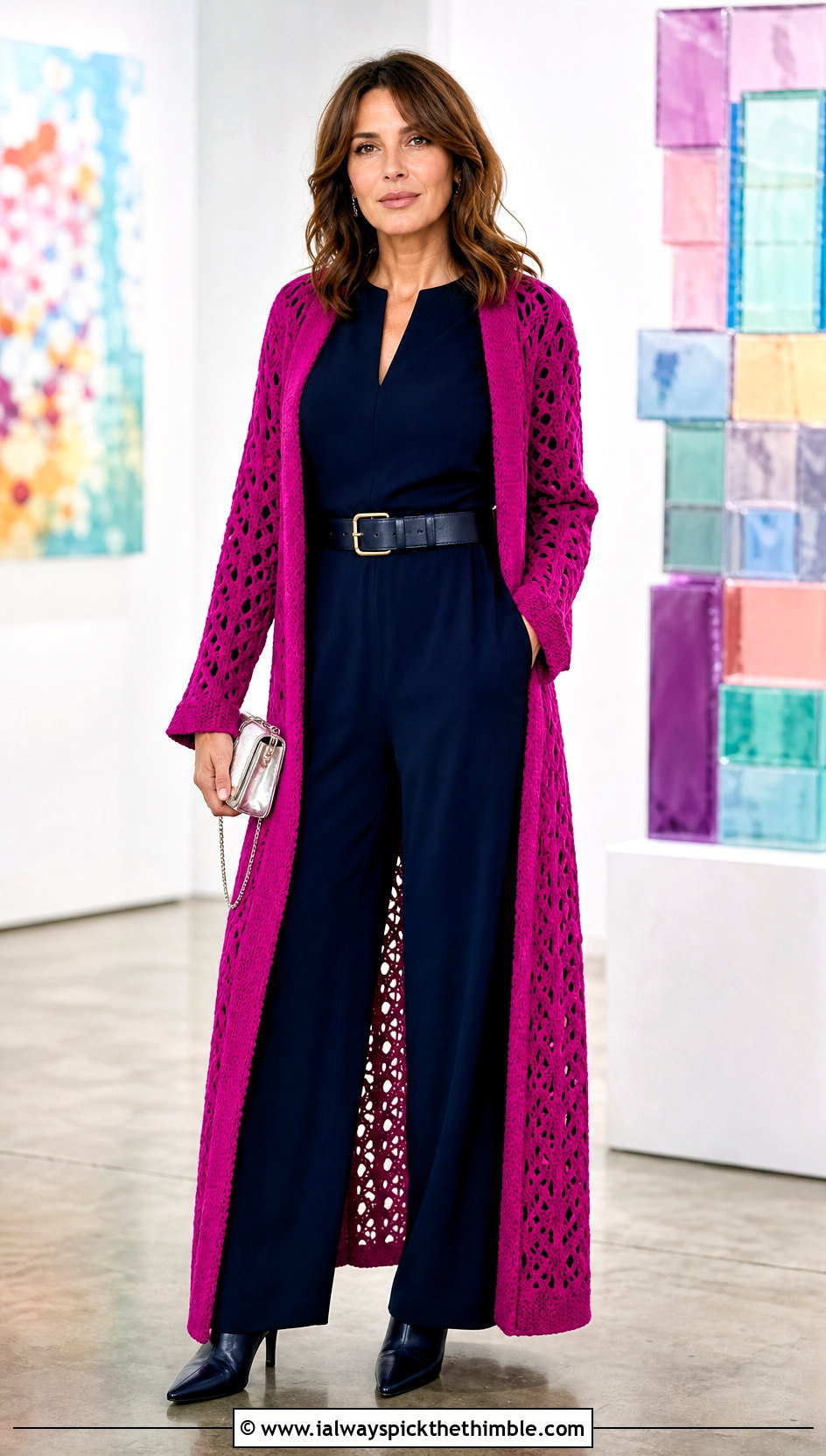 Long Crochet Duster With Monochrome Jumpsuit - 20 crochet holiday outfit ideas
