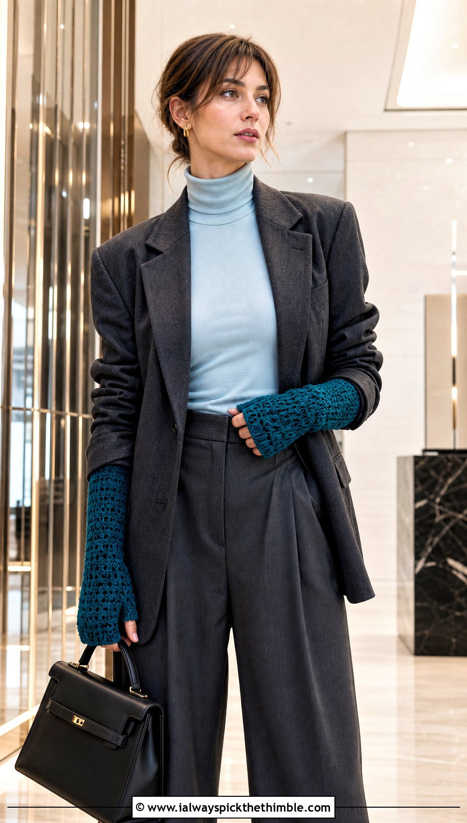 Long Crochet Gauntlet Gloves With Blazer And Trousers - 20 Diy Crochet Fingerless Gloves outfit ideas