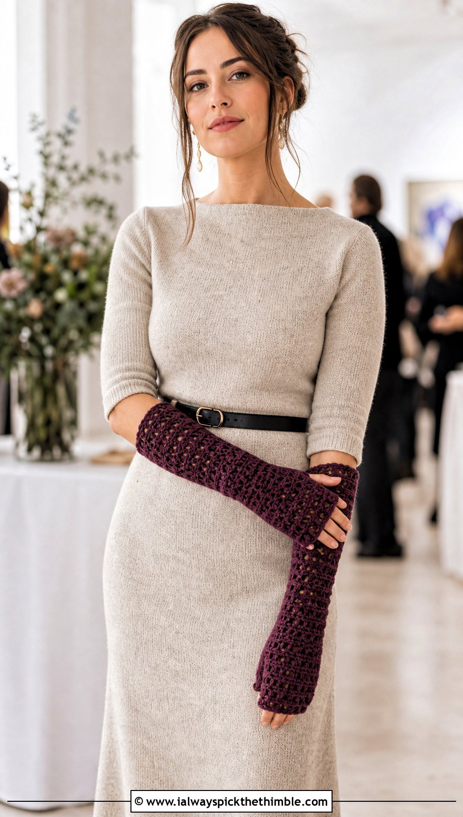 Long Crochet Gauntlet Mittens With Sweater Dress - 20 crochet hand mittens outfit ideas