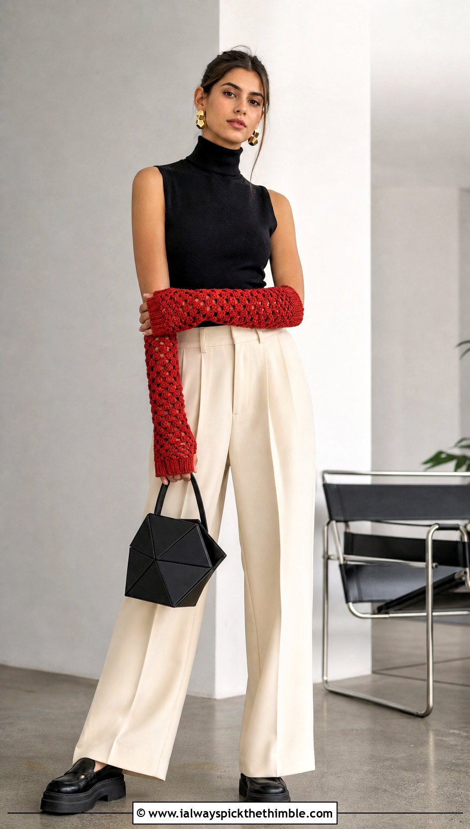 Long Crochet Gauntlets With Sleeveless Turtleneck And Wide Leg Pants - 25 crochet handwarmers outfit ideas