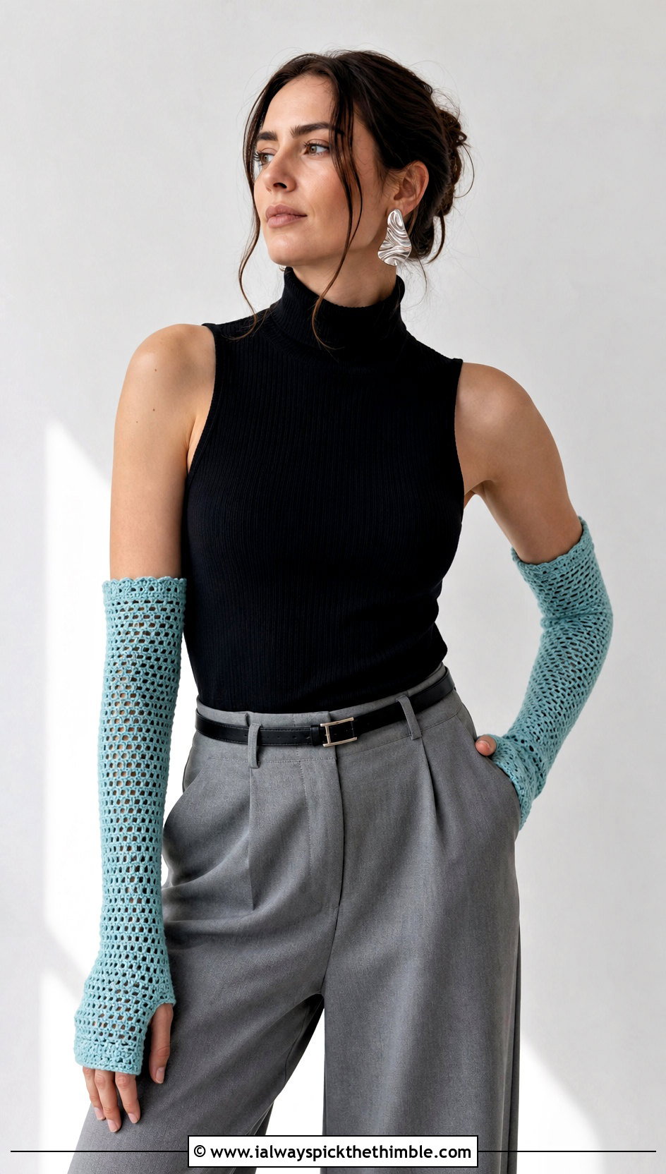 Long Crochet Gauntlets With Sleeveless Turtleneck - 20 Simple Crochet Fingerless Gloves outfit ideas