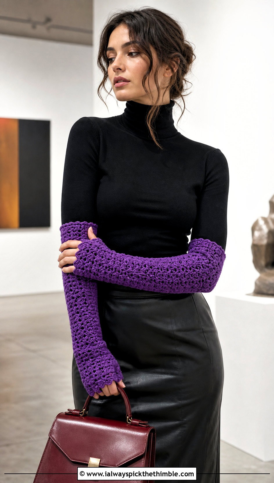 Long Crochet Gauntlets With Turtleneck And Leather Skirt - 15 Crochet Tipless Gloves outfit ideas