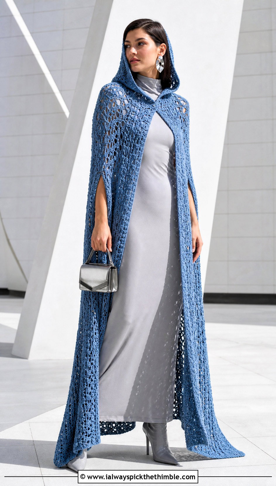 Long Crochet Hooded Cloak Cape With Column Dress - 25 crochet hooded cape outfit ideas
