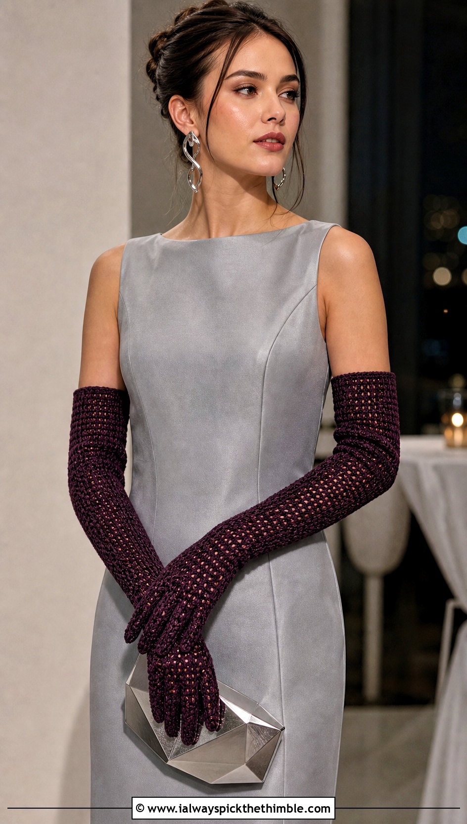 Long Crochet Opera Gloves With Column Dress - 20 aesthetic crochet gloves outfit ideas
