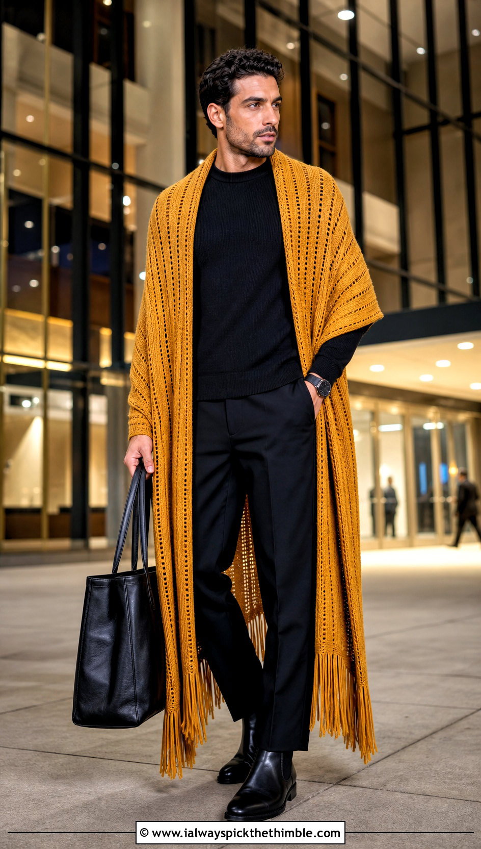 Long Crochet Poncho With Monochrome Layers - 20 crochet men's poncho outfit ideas