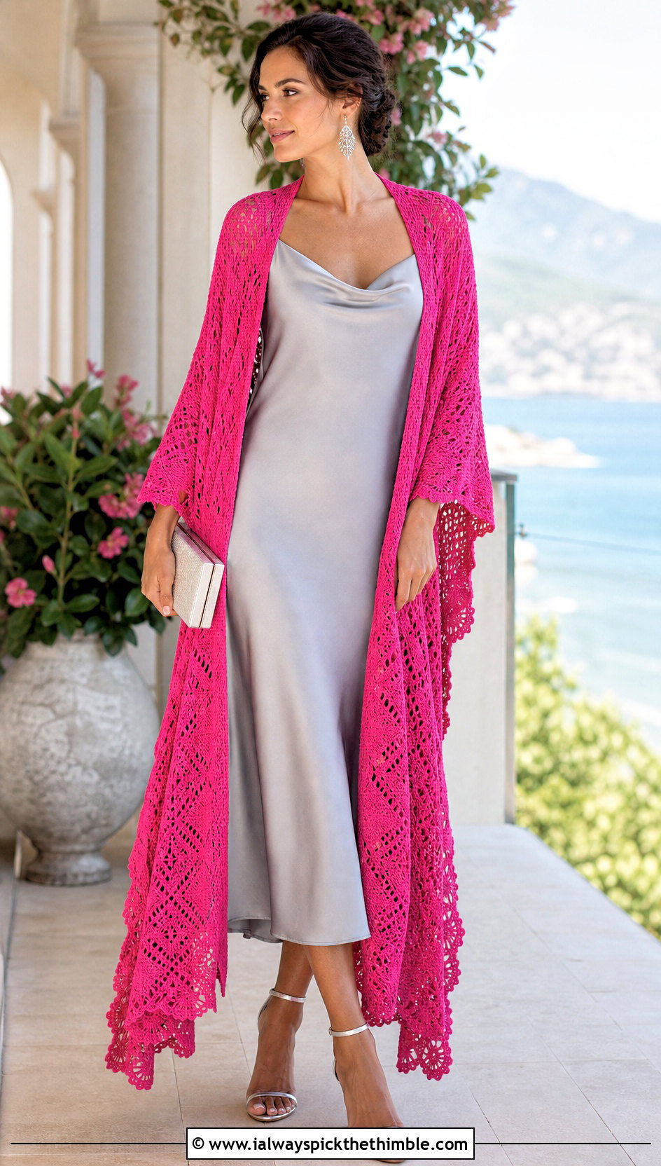 Long Crochet Ruana Wrap With Slip Dress - 15 Crochet Wraps outfit ideas