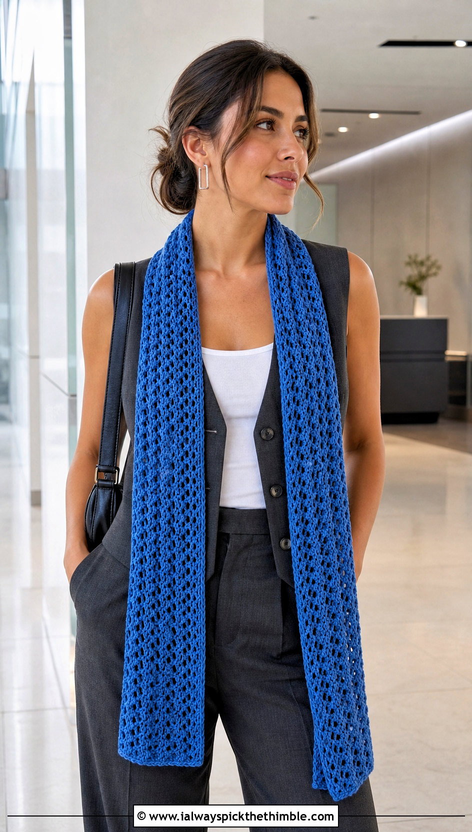 Long Crochet Scarf With Vest And Trousers - 25 quick crochet scarf outfit ideas