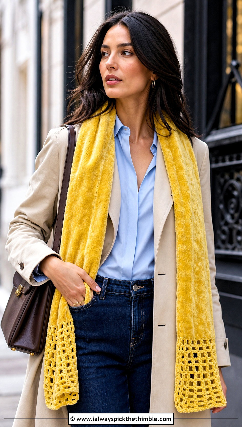 Long Crochet Velvet Scarf With Trench Coat - 20 Crochet Velvet Scarf outfit ideas
