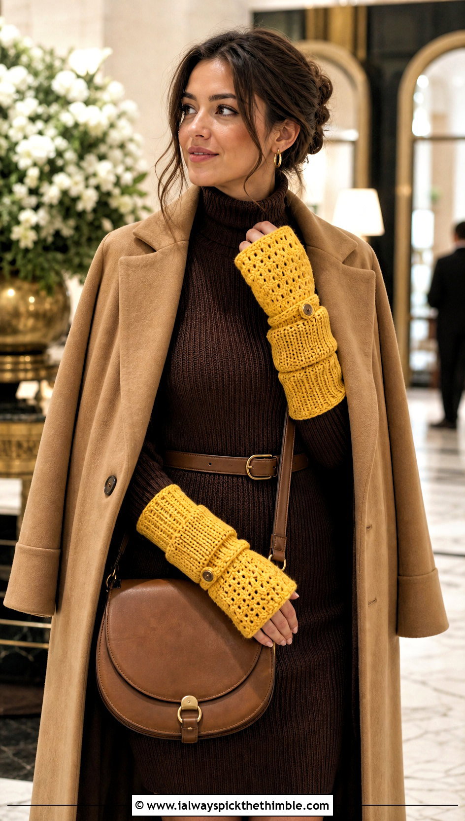 Long Cuff Convertible Crochet Gloves With Sweater Dress and Boots - 20 Convertible Crochet Gloves outfit ideas