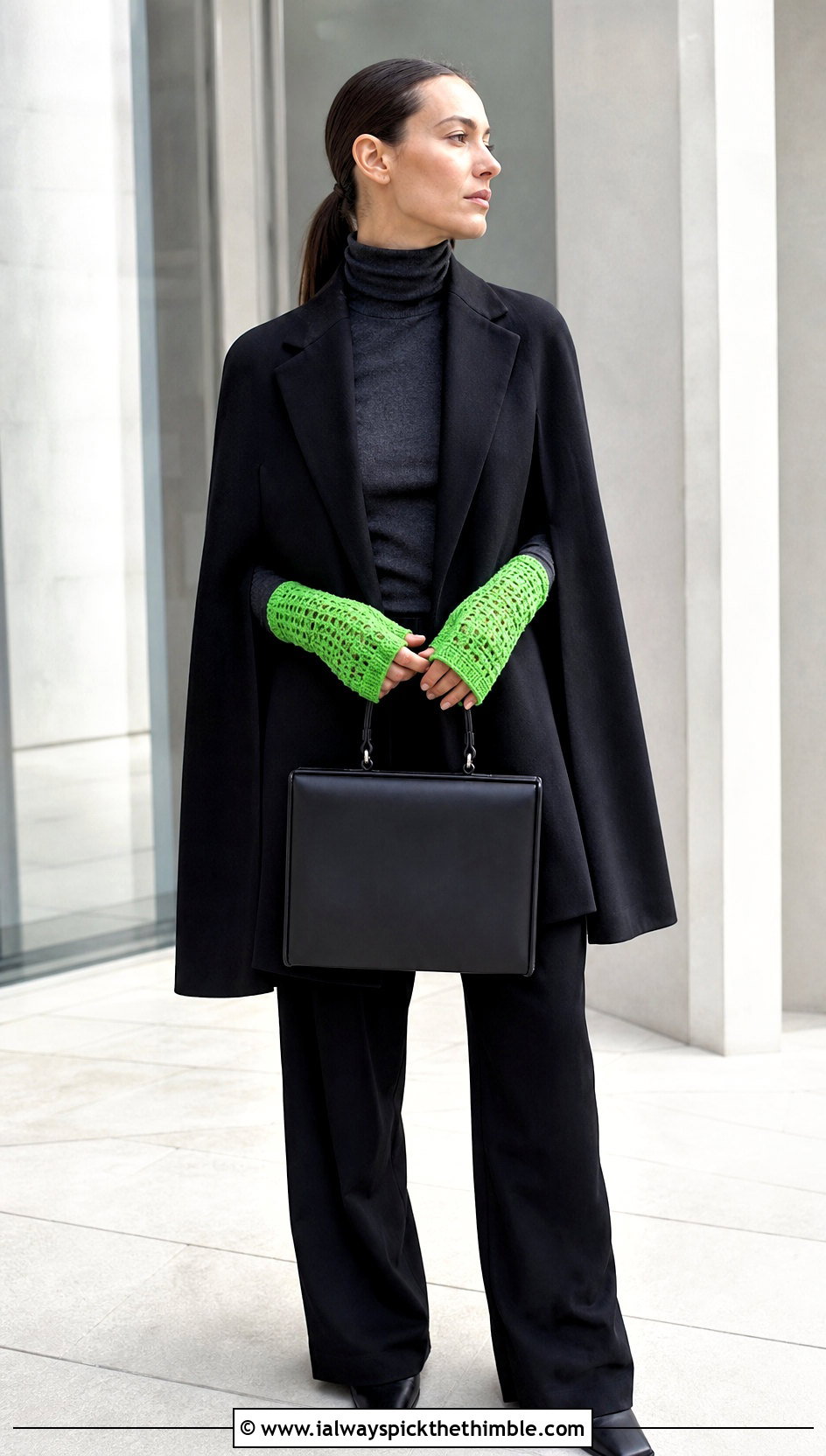 Long Cuff Crochet Fingered Gloves With Cape And Wide Leg Pants - 15 Crochet Fingered Gloves outfit ideas