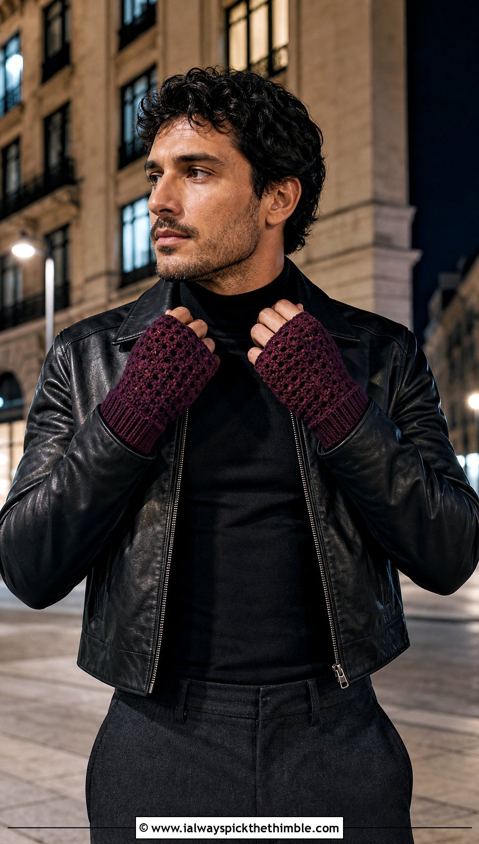 Long Cuff Crochet Fingerless Gloves With Leather Jacket - 20 Crochet Mens Fingerless Gloves outfit ideas