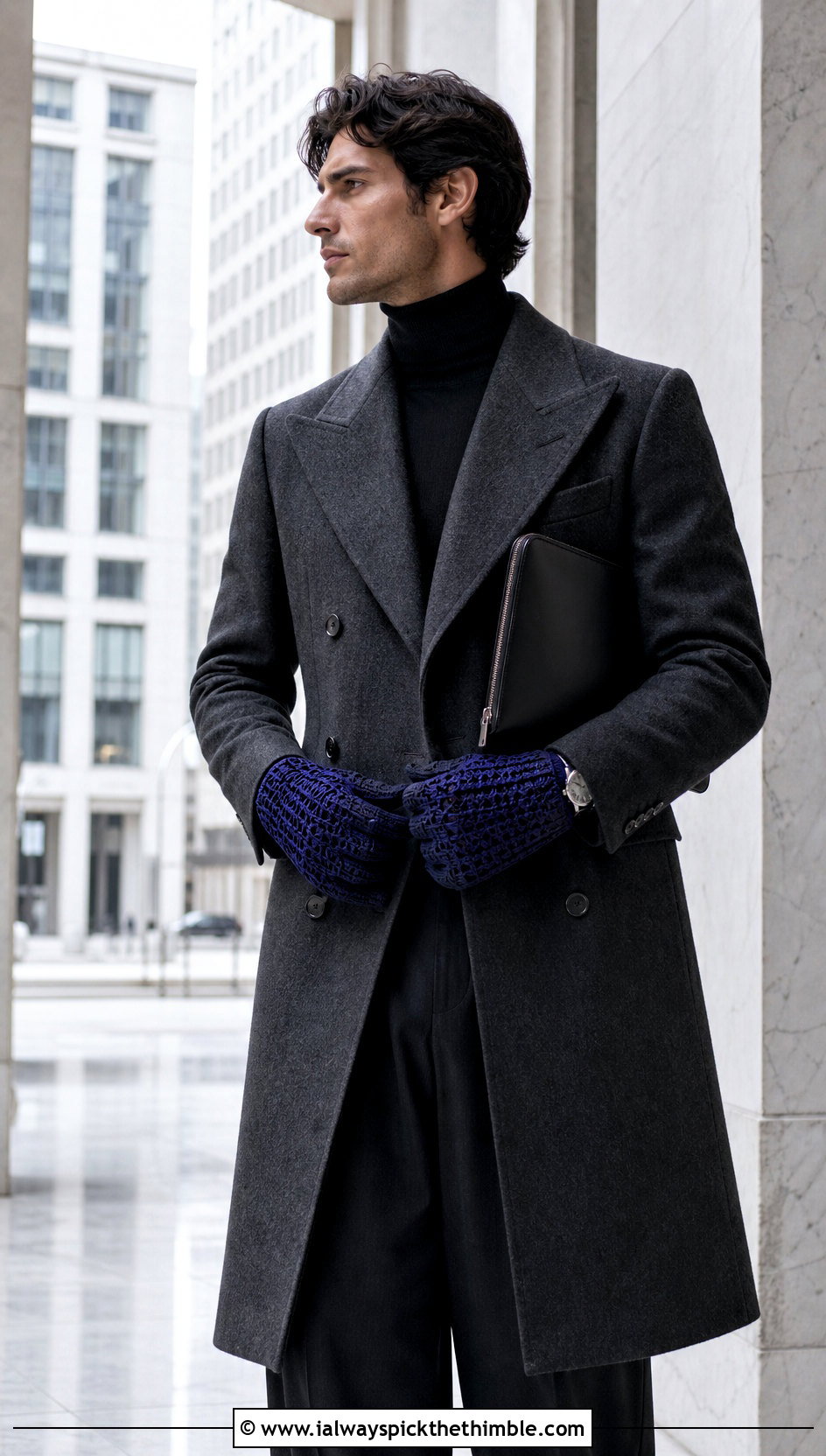 Long Cuff Crochet Gloves With Double Breasted Coat - 25 men crochet gloves outfit ideas