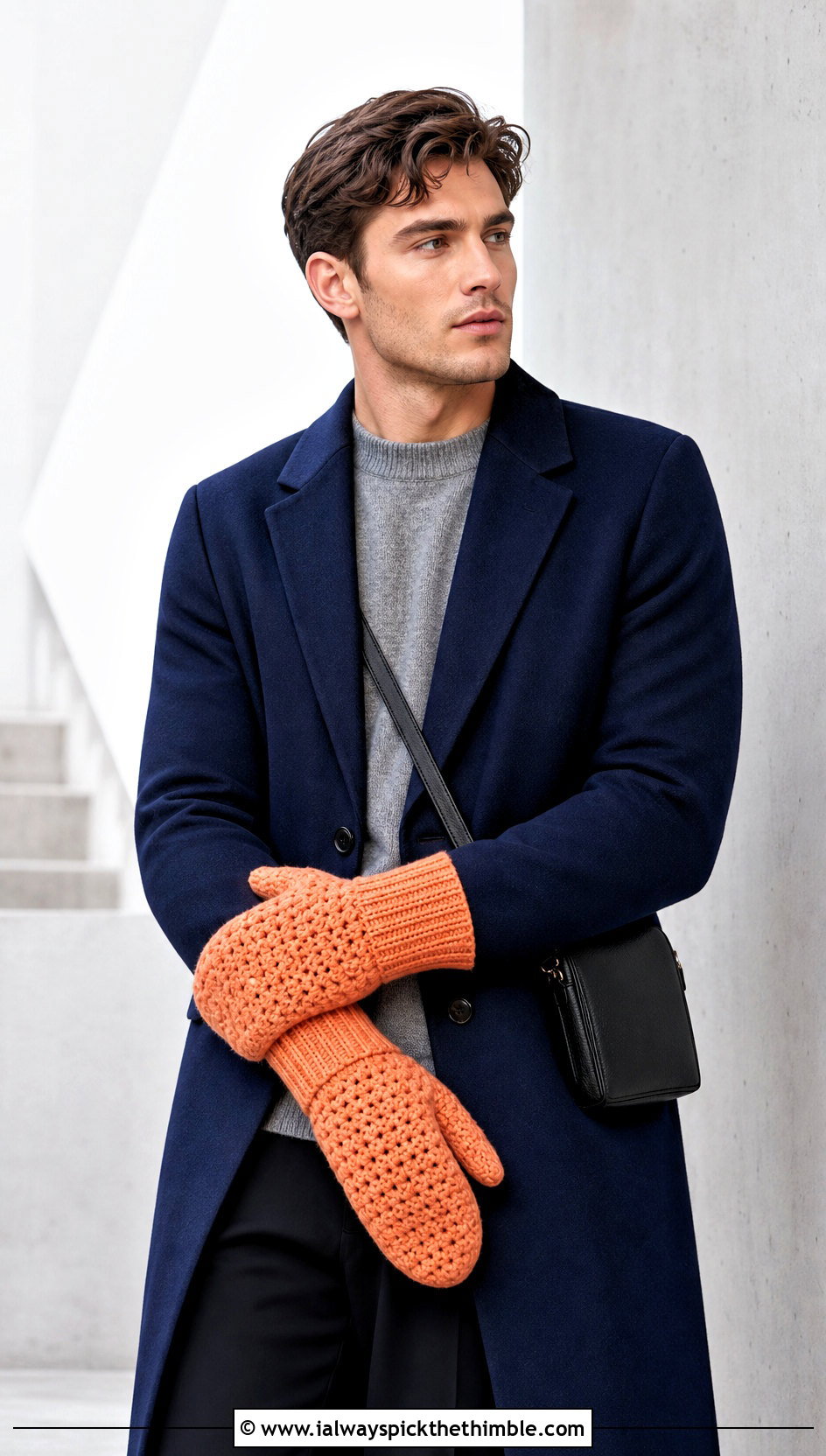 Long Cuff Crochet Mittens With Minimalist Coat - 20 Crochet Mens Mittens outfit ideas