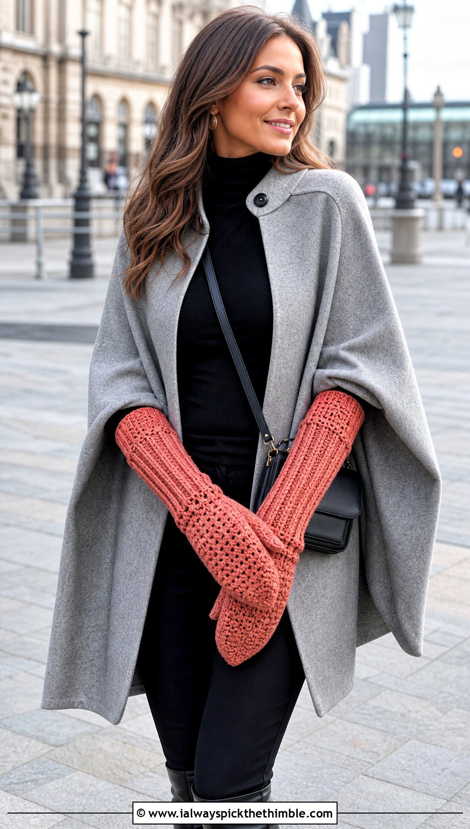 Long Cuff Crocheted Mittens With Cape Coat - 20 Crocheted Mittens outfit ideas