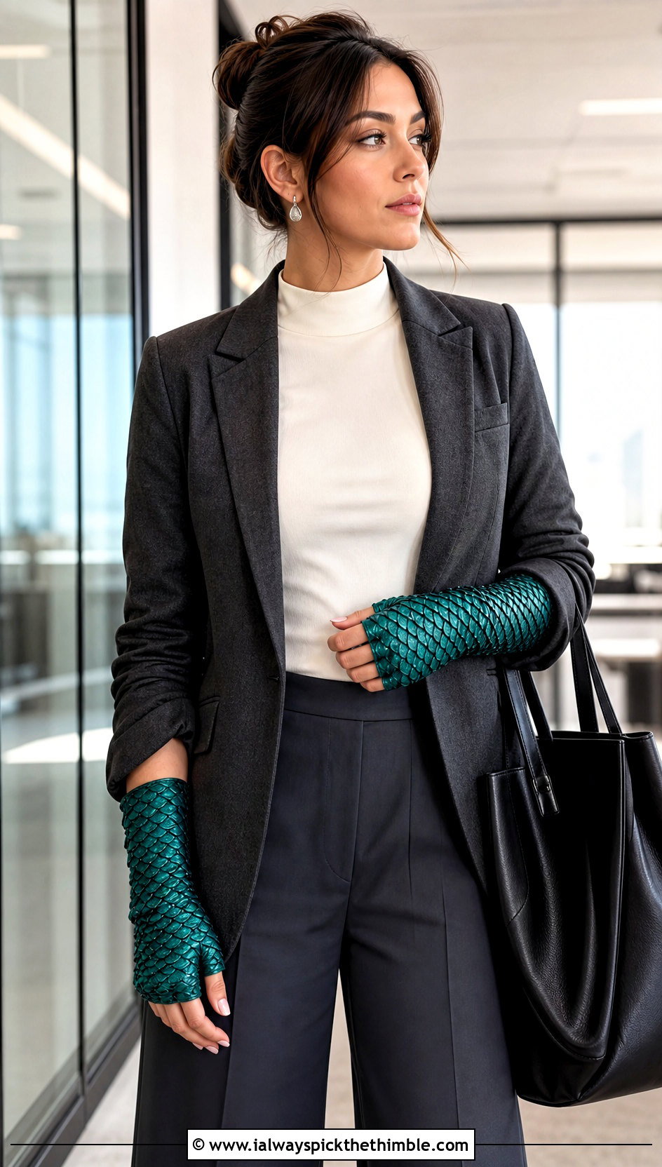 Long Cuff Dragonscale Fingerless Gloves With Blazer And Trousers - 15 Dragonscale Crochet Gloves outfit ideas