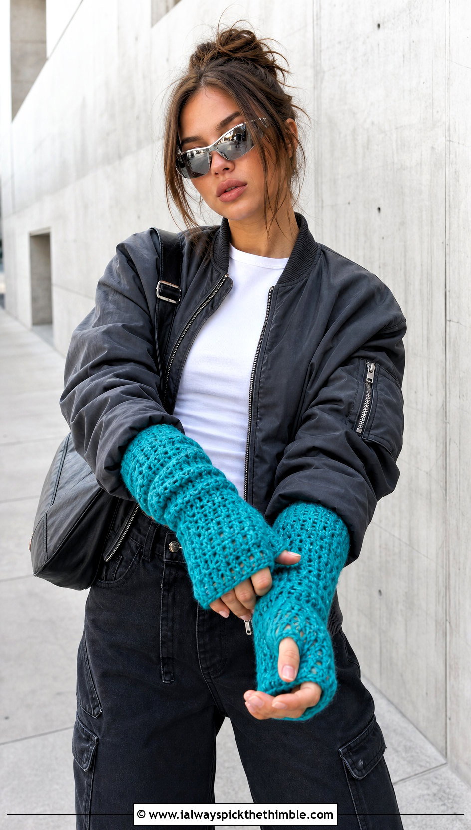Long Cuff Fingerless Crochet Mittens With Streetwear - 20 women crochet mittens outfit ideas