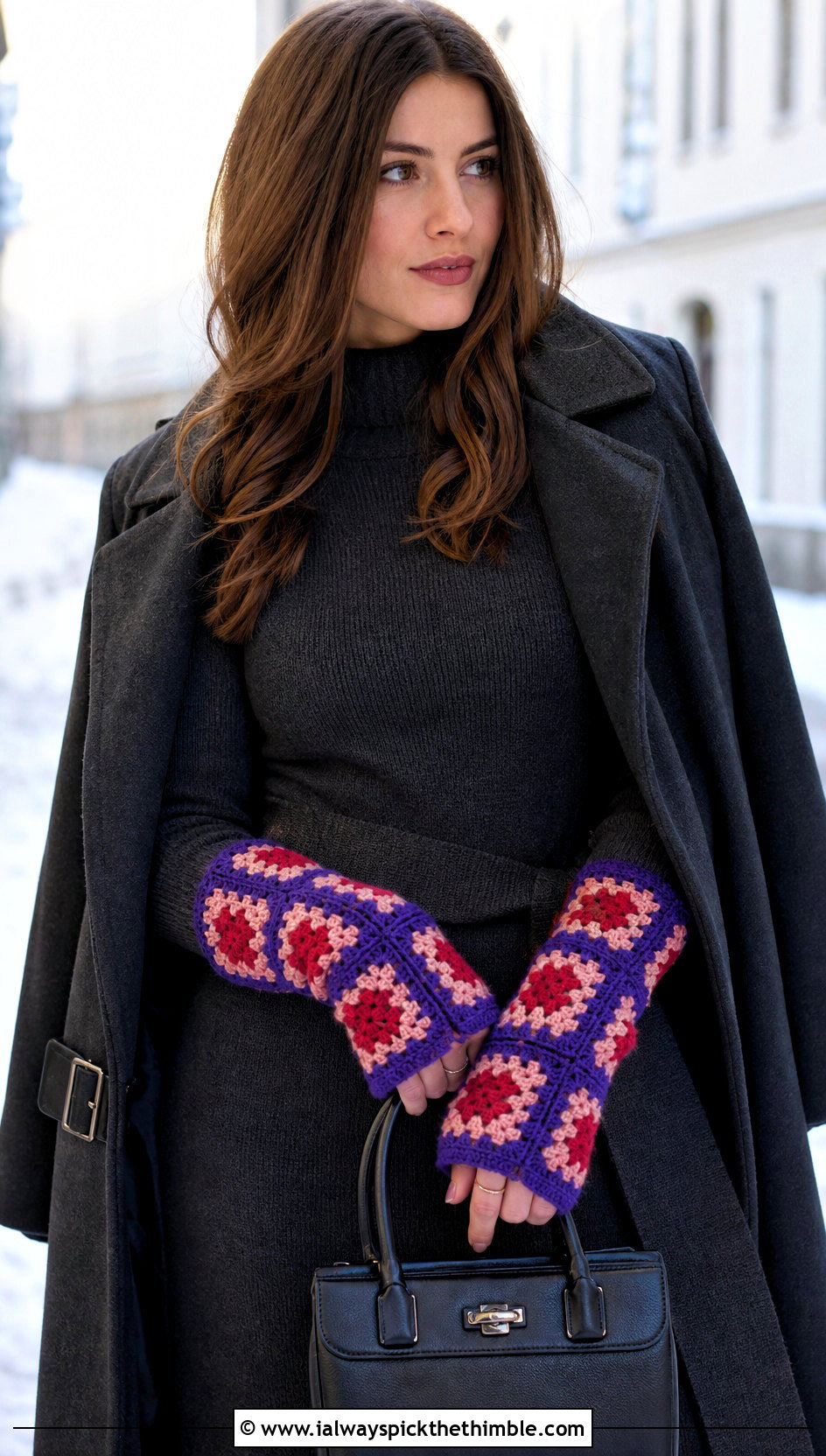 Long Cuff Granny Square Fingerless Gloves With Sweater Dress - 25 granny square fingerless gloves outfit ideas