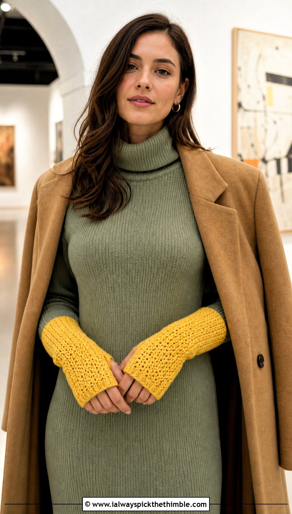 Long Cuff Moss Stitch Fingerless Gloves With Sweater Dress - 15 Crochet Moss Stitch Fingerless Gloves outfit ideas
