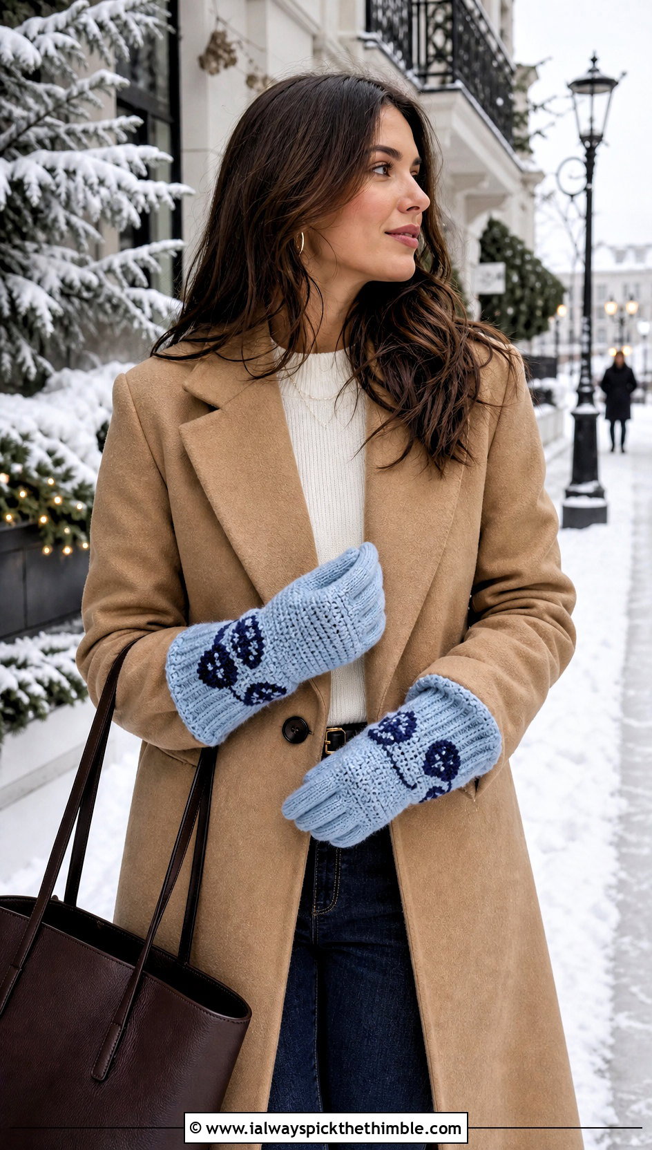 Long Cuff Mushroom Gloves With Camel Coat And Straight Jeans - 20 Crochet Mushroom Gloves outfit ideas