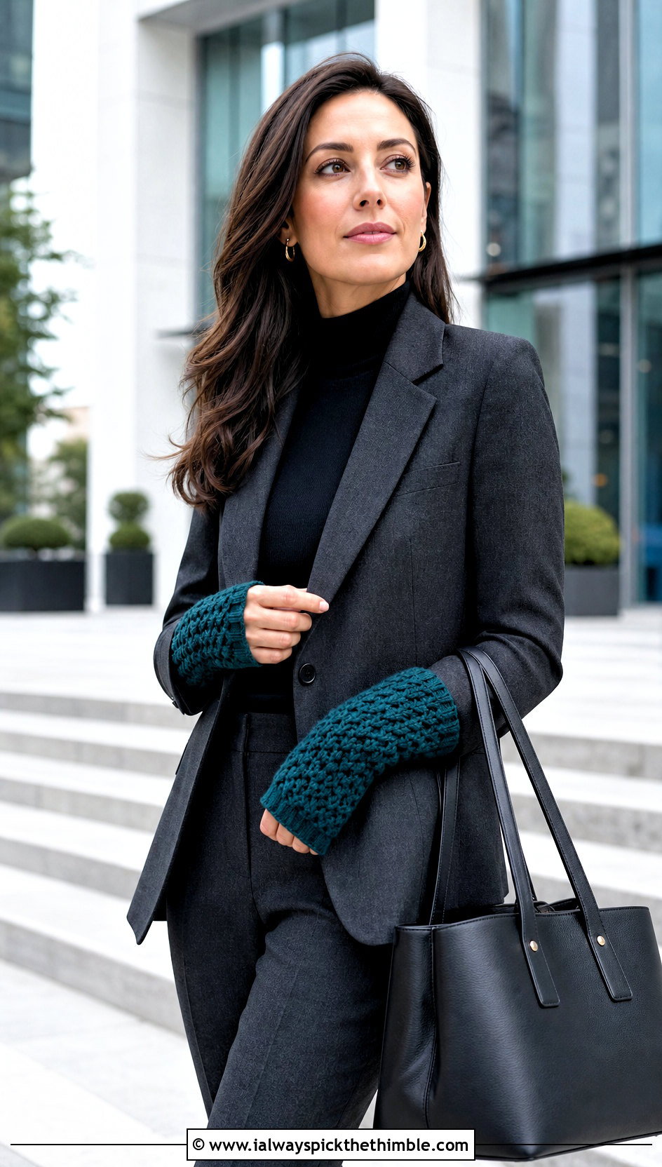 Long Cuff Puff Stitch Fingerless Gloves With Blazer - 15 Crochet Puff Stitch Fingerless Gloves outfit ideas