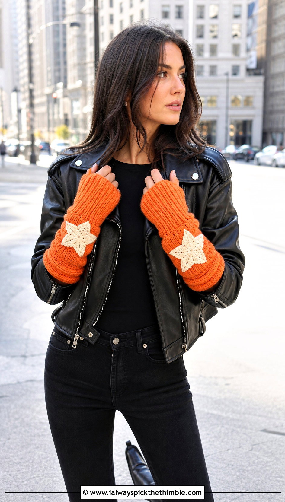 Long Cuff Star Arm Warmers With Leather Jacket - 25 crochet star gloves outfit ideas