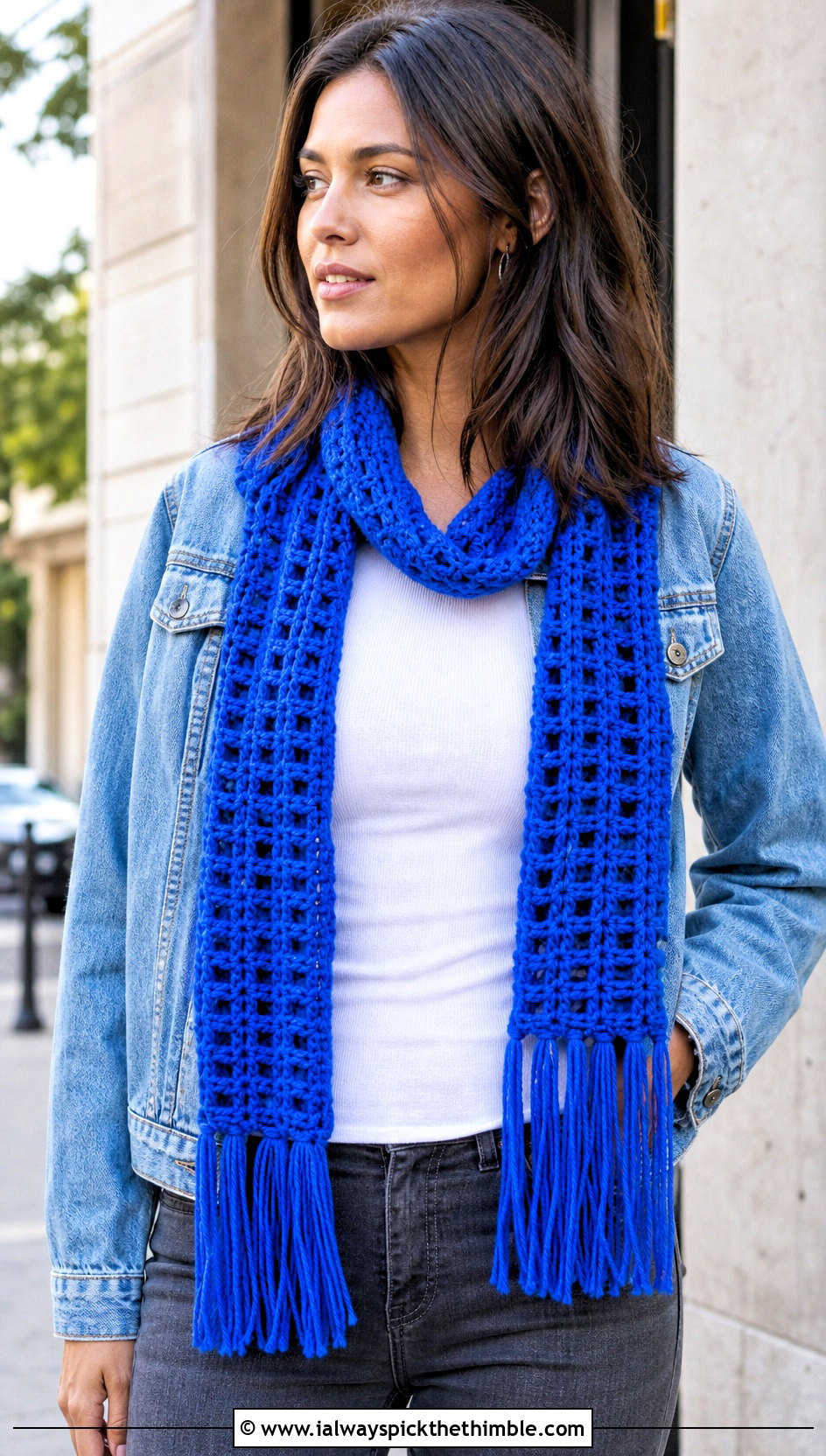 Long Cut Fringe Crochet Scarf With Denim Jacket - 20 Crochet Scarf Fringe Ideas