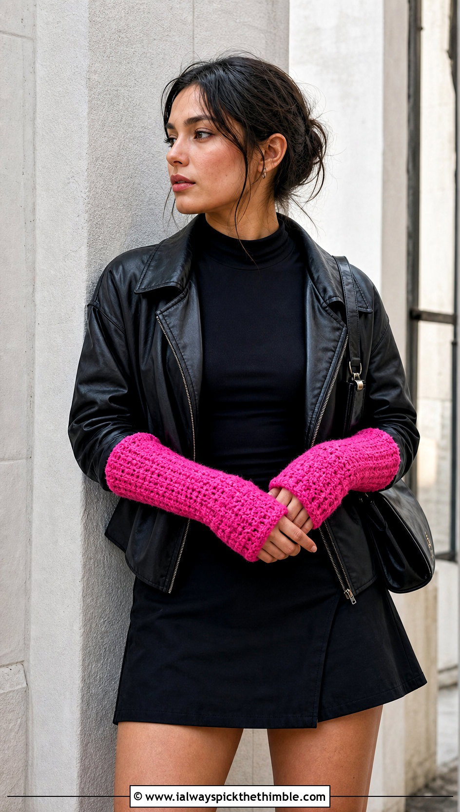 Long DK Yarn Crochet Arm Warmers With Leather Jacket And Mini Skirt - 20 dk yarn crochet fingerless gloves outfit ideas