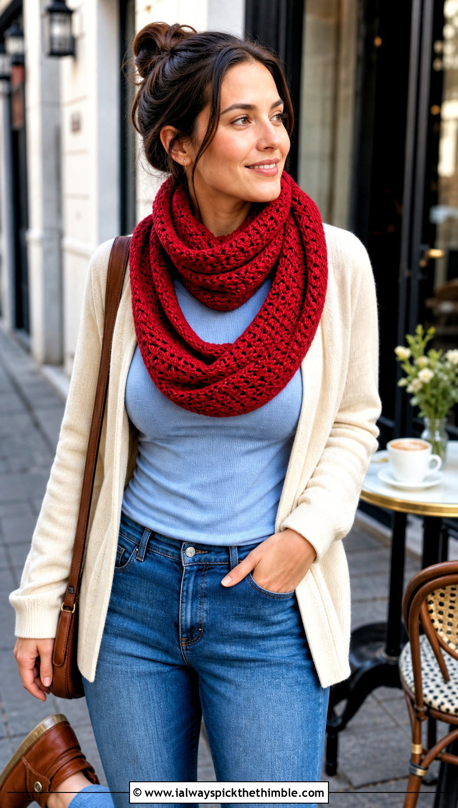 Long Double Wrap Crochet Snood Scarf With Cardigan - 20 crochet snood scarf outfit ideas