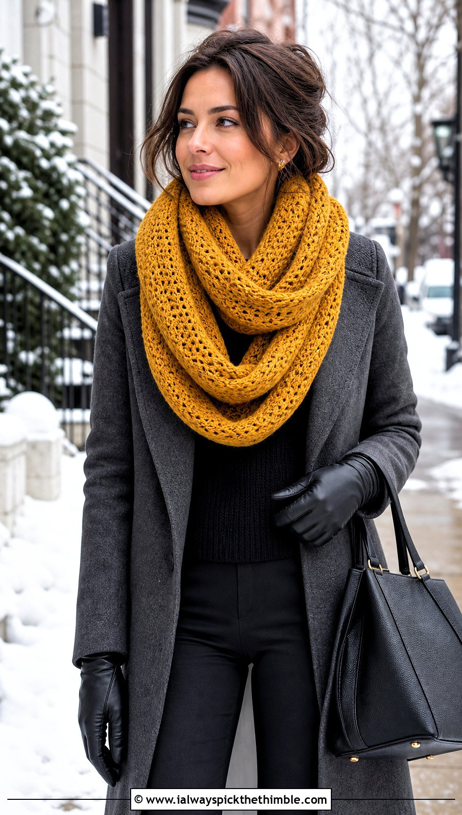Long Double Wrap Crochet Snood Scarf With Wool Coat - 20 snood crochet scarf outfit ideas