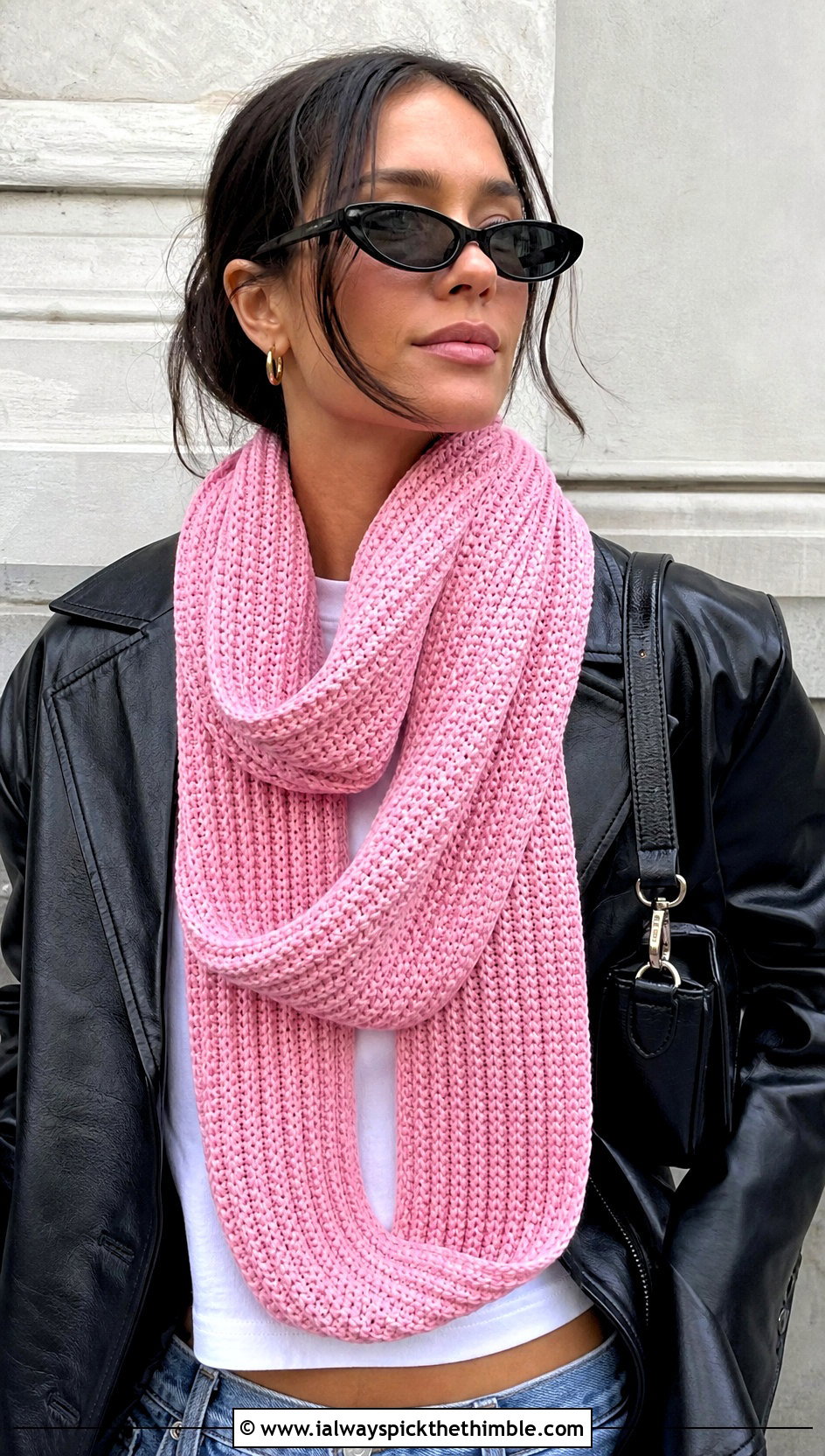 Long Double Wrap Ribbed Cowl With Leather Jacket - 20 Crochet Ribbed Cowl outfit ideas