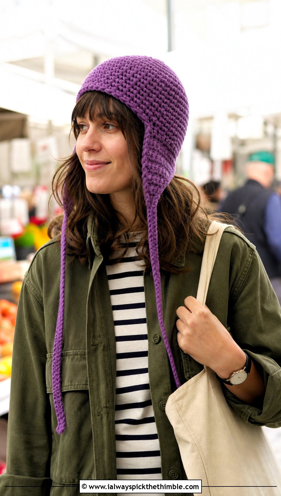 Long Earflap Crochet Hat With Chore Jacket - 20 crochet long hat outfit ideas