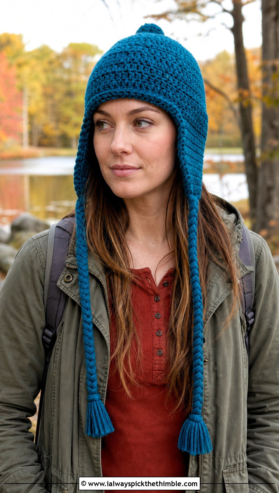 Long Earflap Crochet Hat With Utility Jacket - 20 Long Crochet Hat outfit ideas