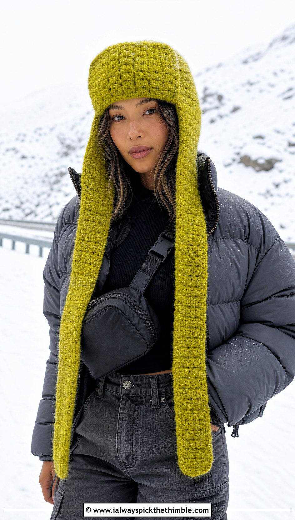 Long Earflap Crochet Ushanka With Puffer Jacket - 25 crochet russian hat outfit ideas