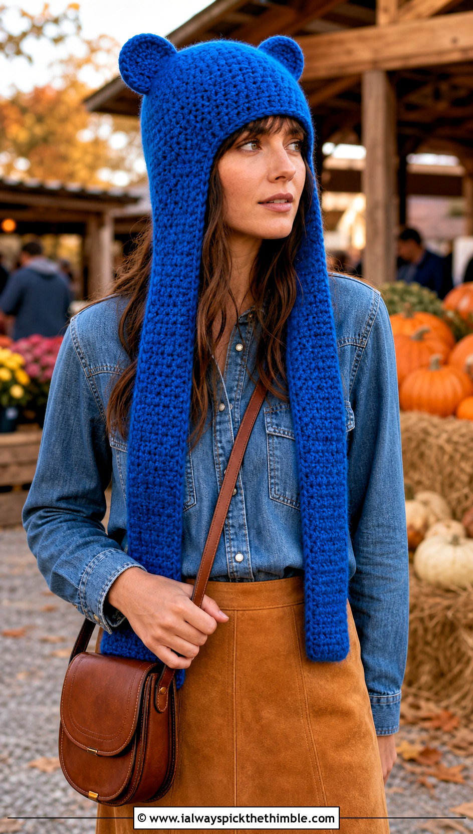 Long Earflap Finn Hat With Denim Shirt And Suede Midi Skirt - 20 crochet adventure time finn hat outfit ideas