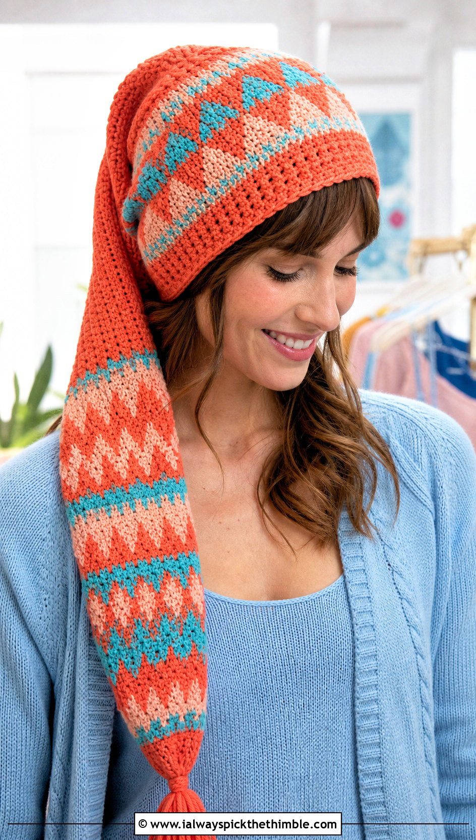 Long Fair Isle Crochet Stocking Cap With Sweater Set - 20 fair isle crochet hat outfit ideas