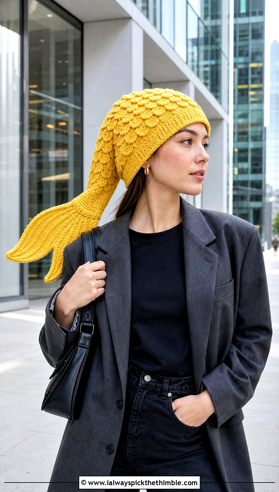 Long Fin Mermaid Tail Crochet Hat With Blazer And Jeans - 15 Mermaid Tail Crochet Hat outfit ideas