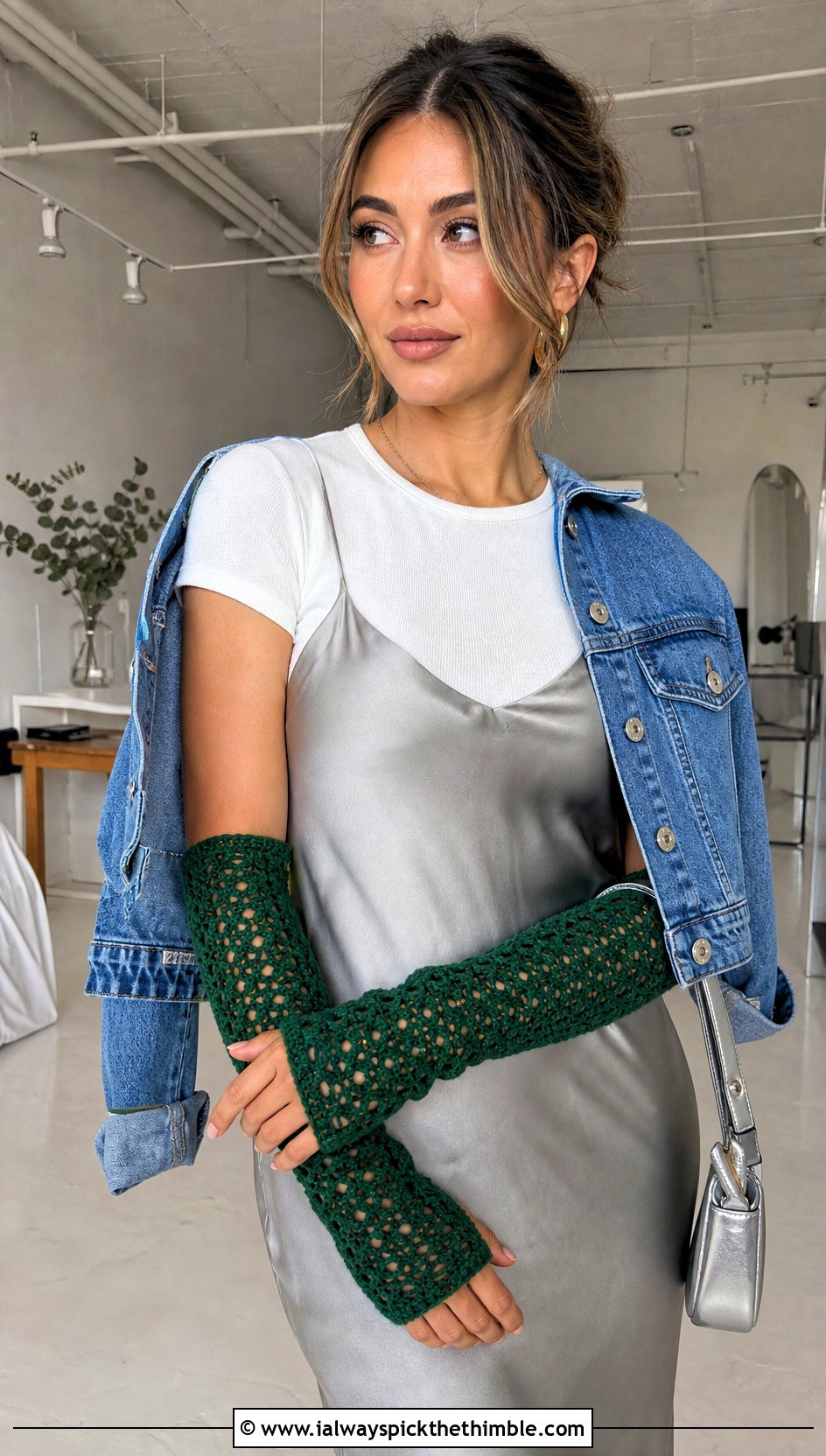 Long Fingerless Crochet Arm Warmers With Slip Dress - 20 fingerless crochet gloves outfit ideas
