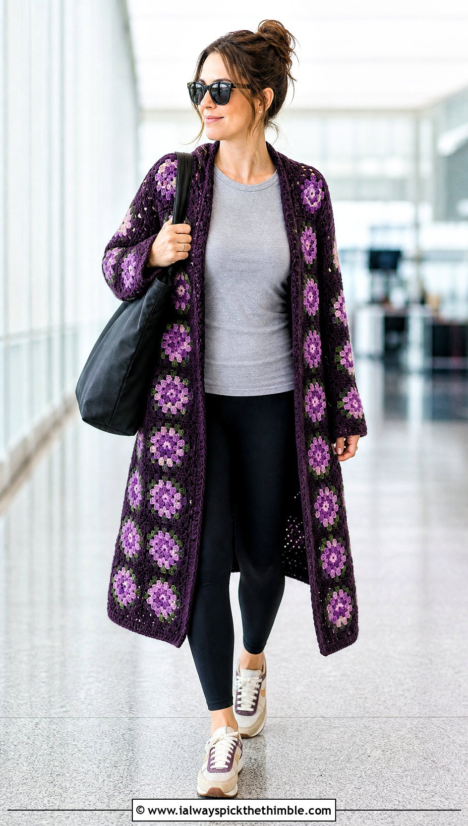Long Flower Crochet Cardigan With Black Leggings - 20 Flower Crochet Cardigan outfit ideas