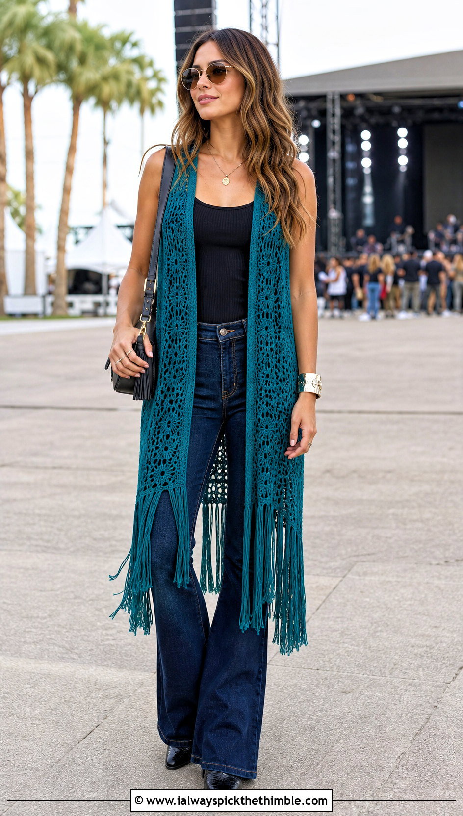 Long Fringe Crochet Vest With Flared Jeans - 25 boho crochet vest outfit ideas