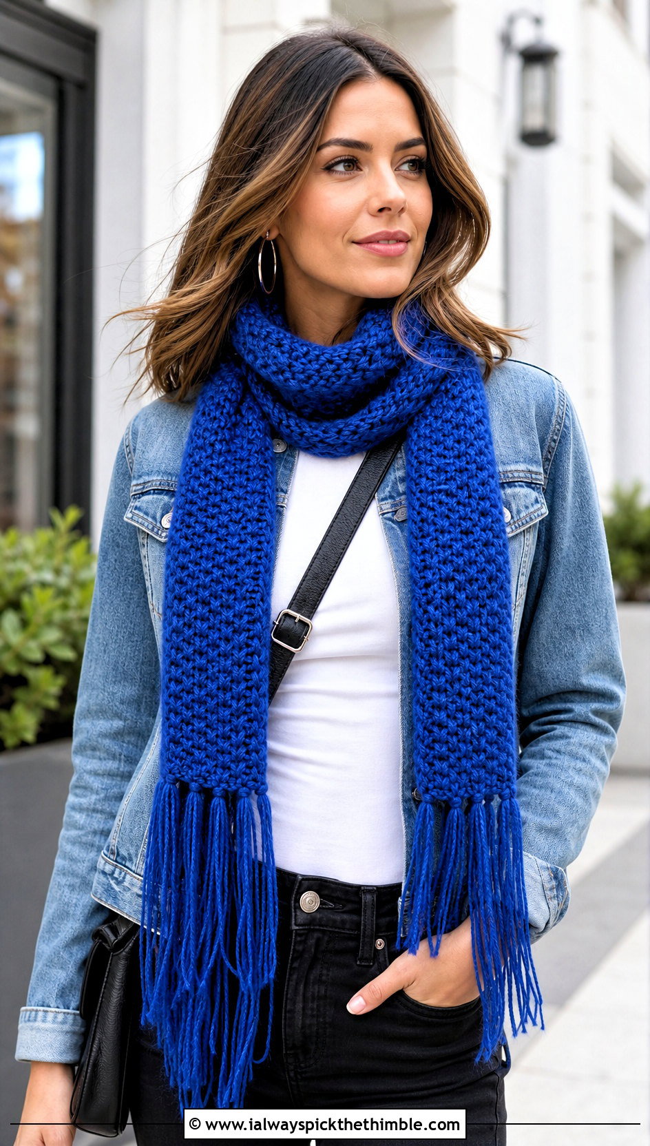 Long Fringe Lemon Peel Stitch Scarf With Denim Jacket - 20 Crochet Lemon Peel Stitch Scarf outfit ideas