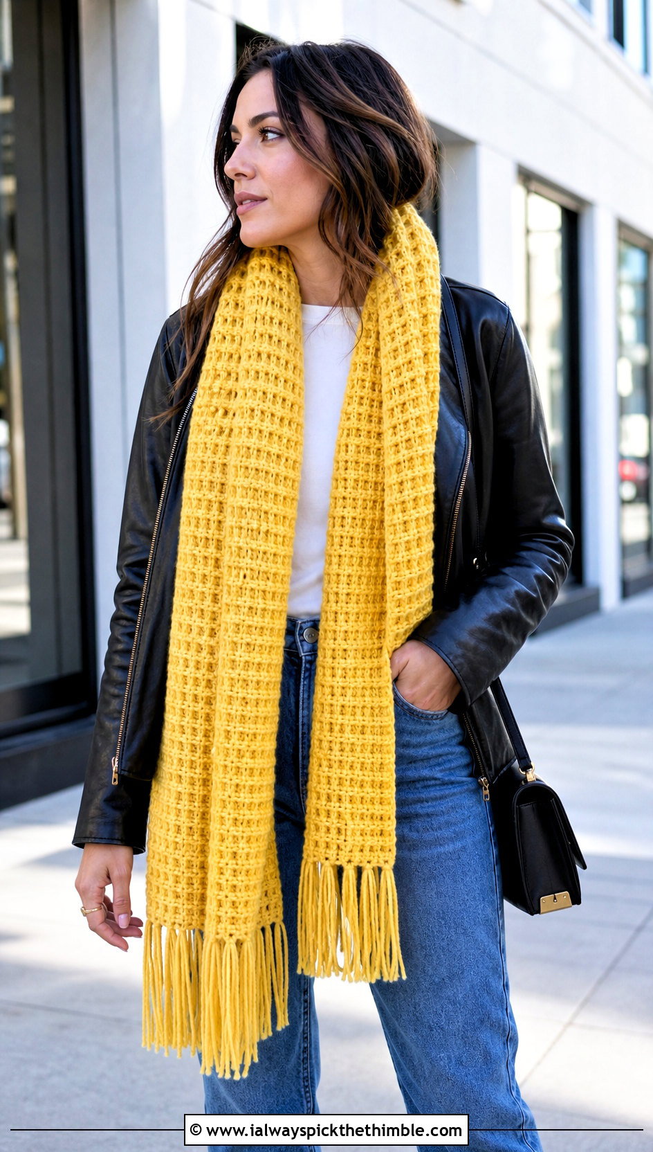 Long Fringe Waffle Stitch Crochet Scarf With Leather Jacket - 20 waffle stitch crochet scarf outfit ideas