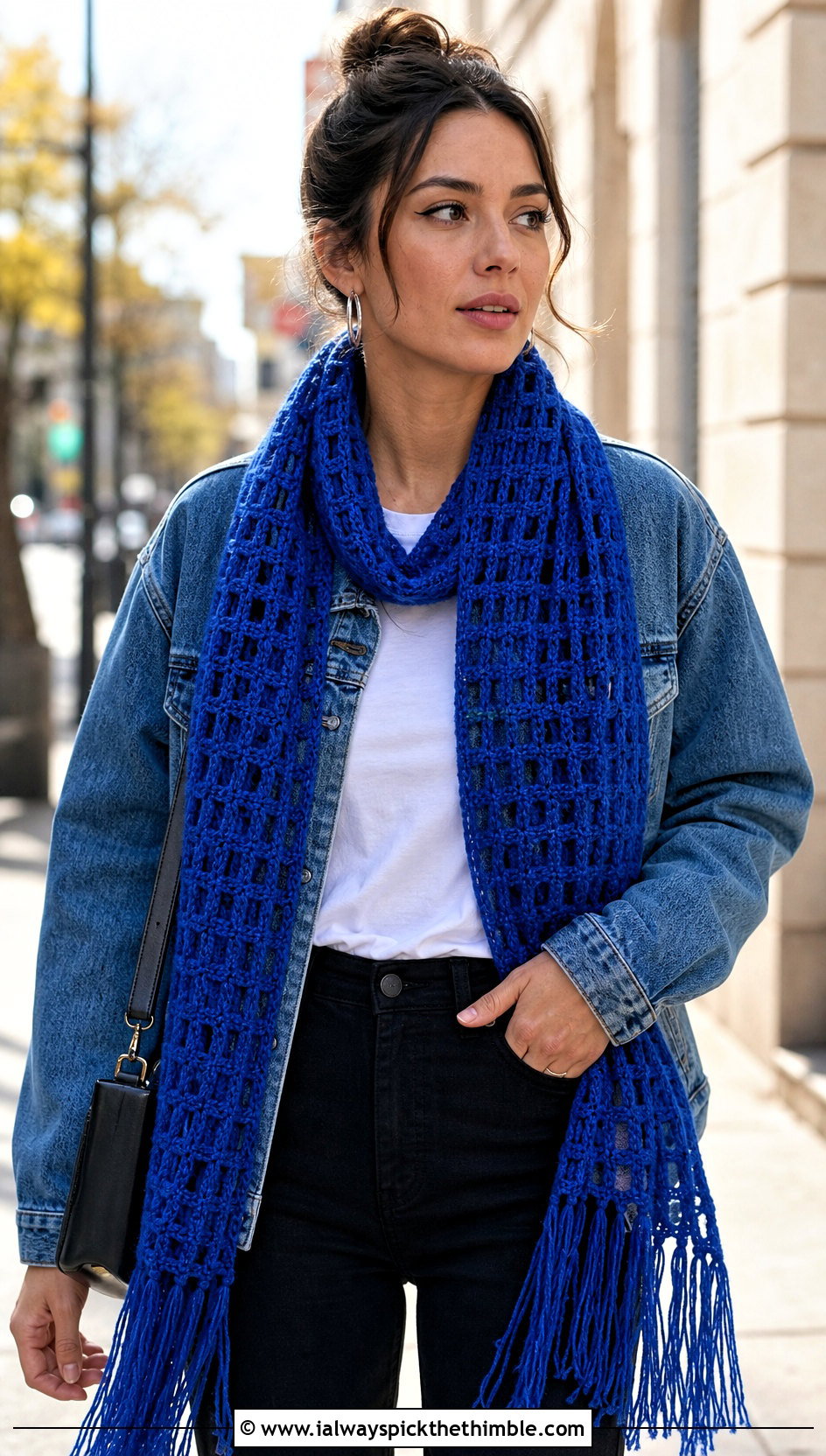 Long Fringed Crochet Windowpane Scarf With Denim Jacket - 15 crochet windowpane scarf outfit ideas