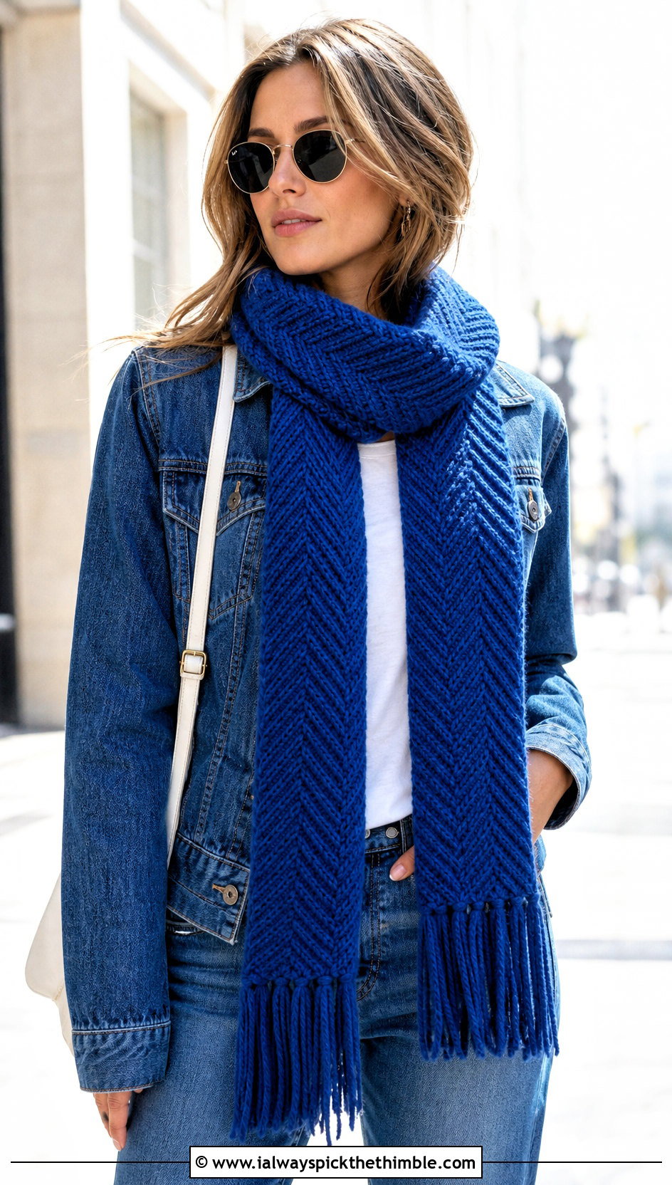 Long Fringed Herringbone Crochet Scarf With Denim Jacket - 15 Herringbone Crochet Scarf outfit ideas