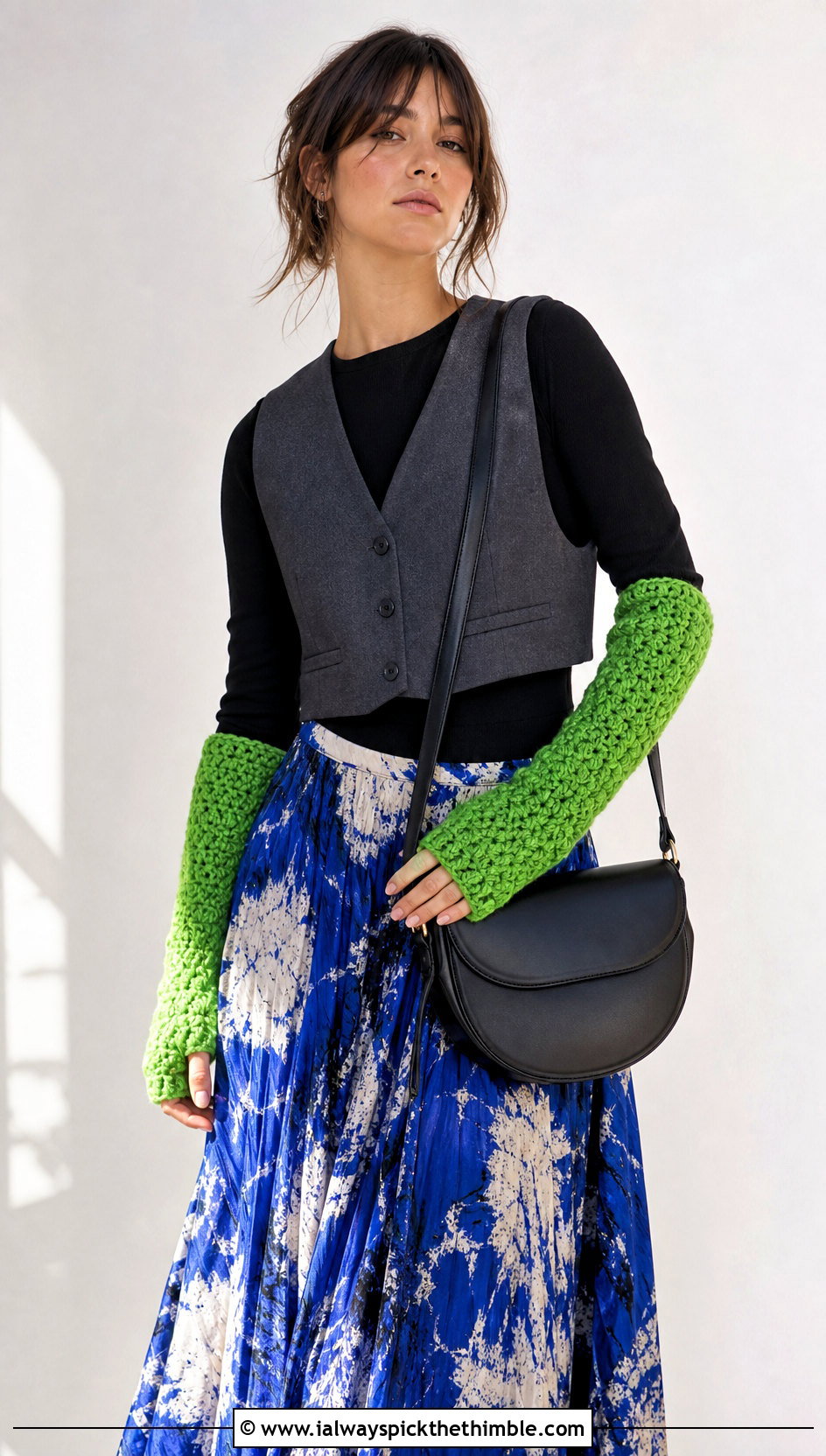 Long Gauntlet Chunky Yarn Crochet Fingerless Gloves With Maxi Skirt - 20 chunky yarn crochet fingerless gloves outfit ideas
