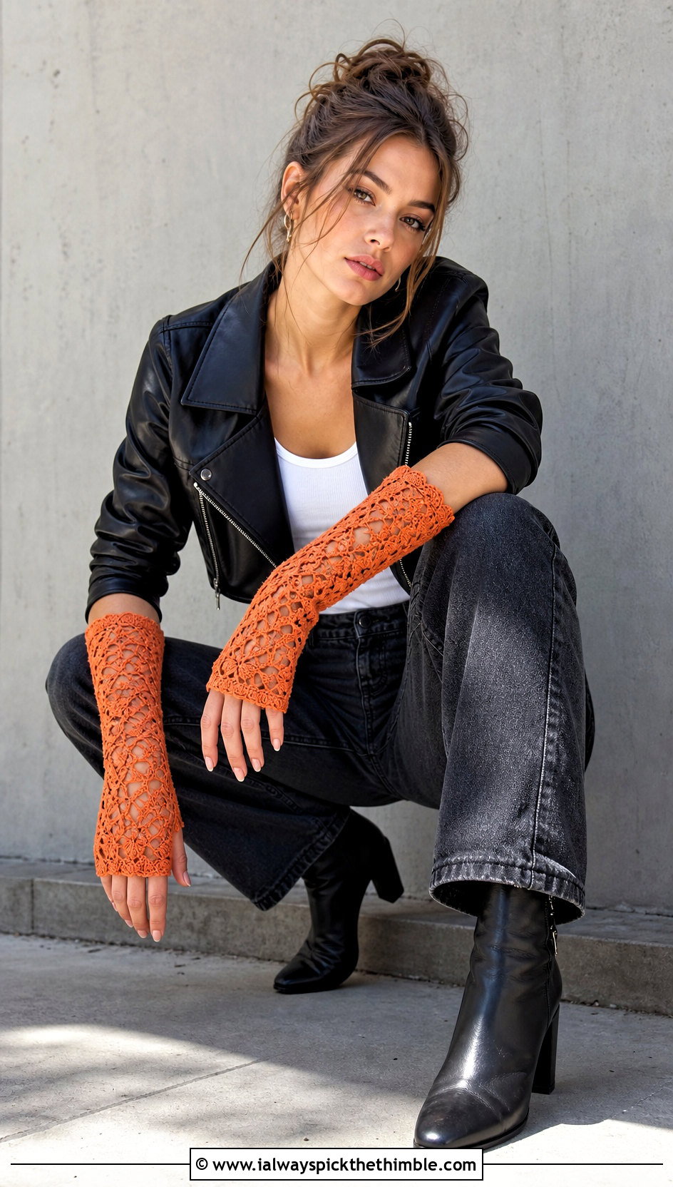 Long Gauntlet Crochet Lace Hand Warmers With Leather Jacket - 20 Crochet Lace Hand Warmers outfit ideas